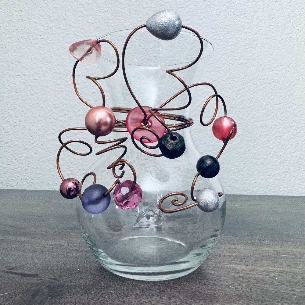 Cooper Wire Wrapped Glass Vase Pink Beads
